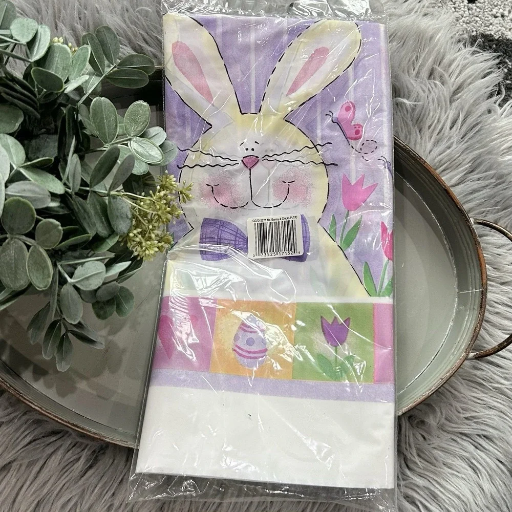 Paper Art Bunnies And Flowers Plastic Tablecloth Size 54 X 108 New Sealed‎ VTG